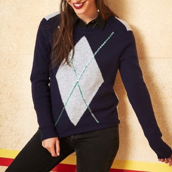 Court & Rowe Brompton Sequin Argyle Bouclé Sweater Ivy League Navy Crush S NWT - Picture 2 of 15